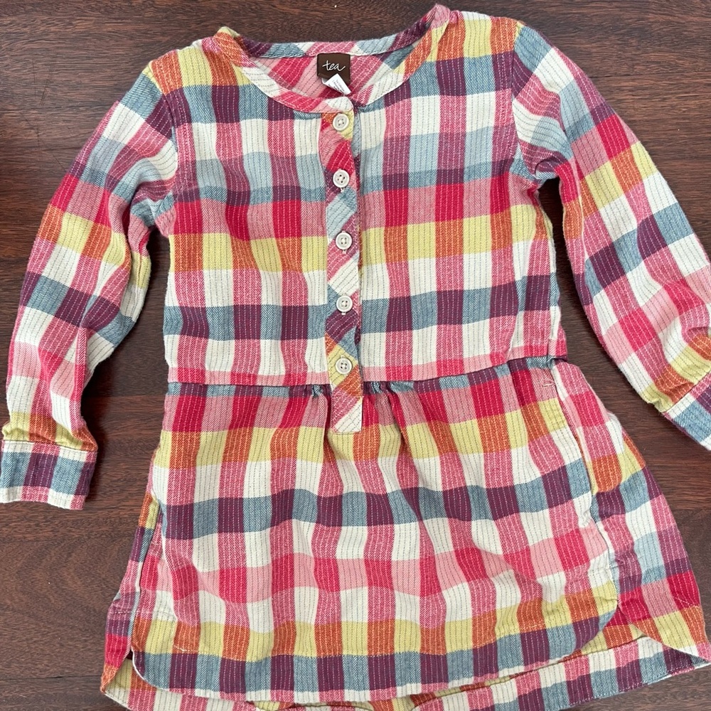 Tea Collection Girls Multicolor Plaid Checkered Long Sleeve Dress 3T/3 Years